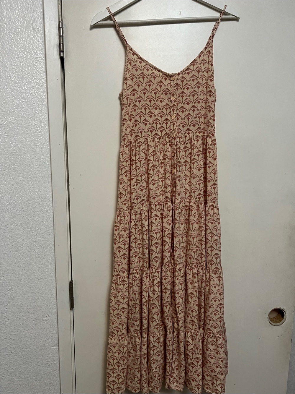 Patrons of Peace Beige Maxi Dress with Rust Fan Print boho Cottagecore